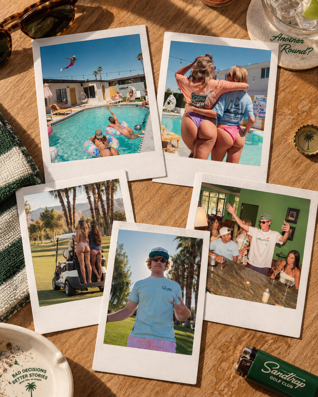 A set of five instant Polaroid-style photos printed on white paper, arranged on a wooden table with sunglasses, a drink, a ashtray, and a lighter. The photos show people at a pool, on a golf course, and at a bar.