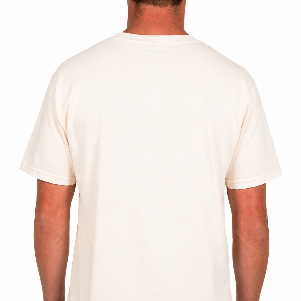 Male model wearing an off-white Sandtrap T-shirt shown from the back with a blank design. Photographed against a clean studio background.