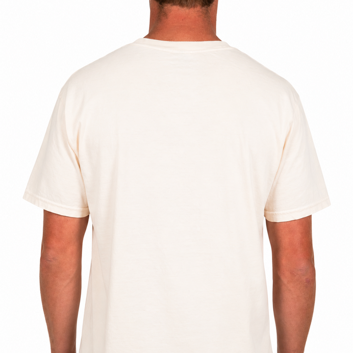 Male model wearing an off-white Sandtrap T-shirt shown from the back with a blank design. Photographed against a clean studio background.
