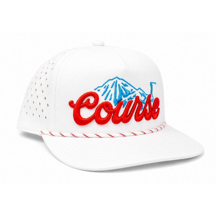 White baseball cap with Course in red text and blue mountain graphic on a white background