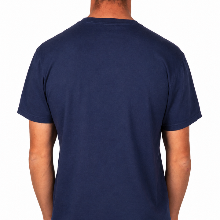 Back view of a male model wearing a navy blue short-sleeve t-shirt against a clean white studio background.