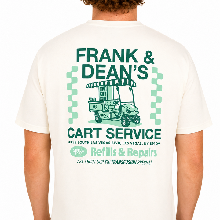 Male model shown from the back wearing a white Sandtrap T-shirt featuring a large retro-inspired Frank &amp; Dean&