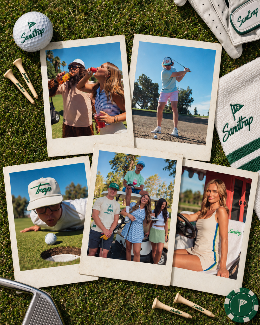 A flat-lay arrangement of Sandtrap golf-themed props and printed photos on grass, including a golf ball, tees, gloves, club, chips, and several Polaroid-style photos showing people on a golf course. The Sandtrap logo is visible on the towel, glove, hat, and golf ball.